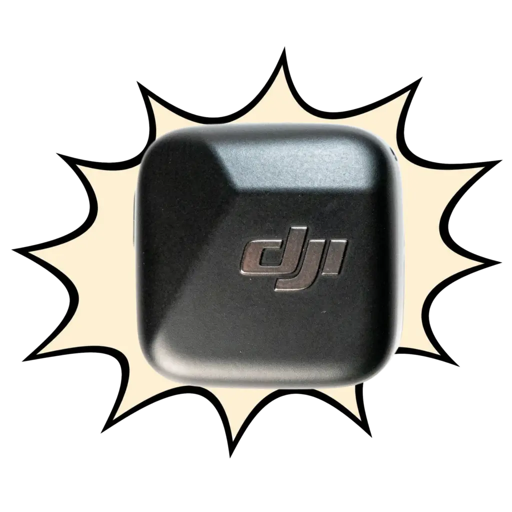 A picture of the DJI mini wireless mic with a big beige splash graphic behind it.