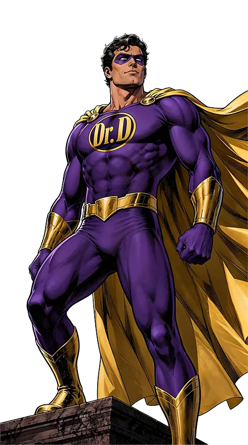 This is an image of our superhero, Doctor Danyl in his purple costume with his gold cape blowing in the wind. He is looking proudly into the sky.