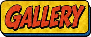 A rectangle with yellow background and blue trim that has words in red lettering that reads, "Gallery"