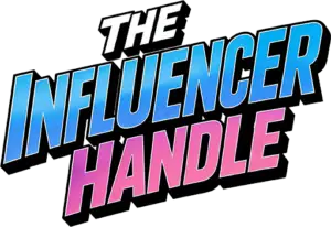 The Influencer Handle logo. The colors are white, blue and pink. The logo is at a slant and the letters themselves are kind of curved.