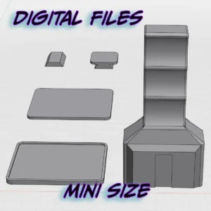 An image of CAD files traced in grey. Blue writing on the image says, "Digital Files Mini Size"