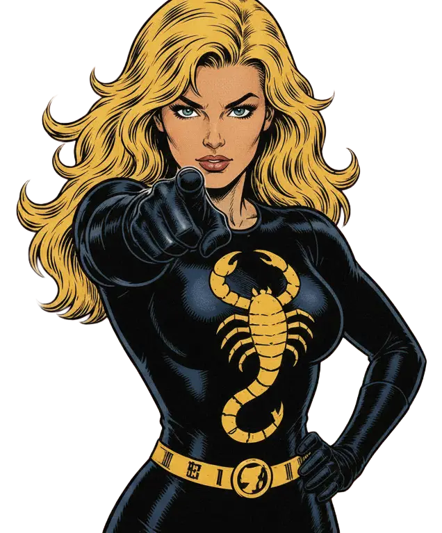 This is our favorite superhero, Scorpion. She is wearing her black body suit costume with a golden scorpion on her chest. She is pointing directly at you.
