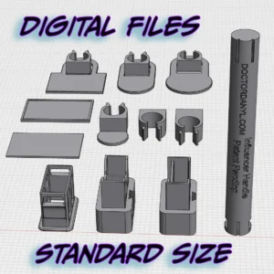 An image of CAD files traced in grey. Blue writing on the image says, "Digital Files Standard Size"